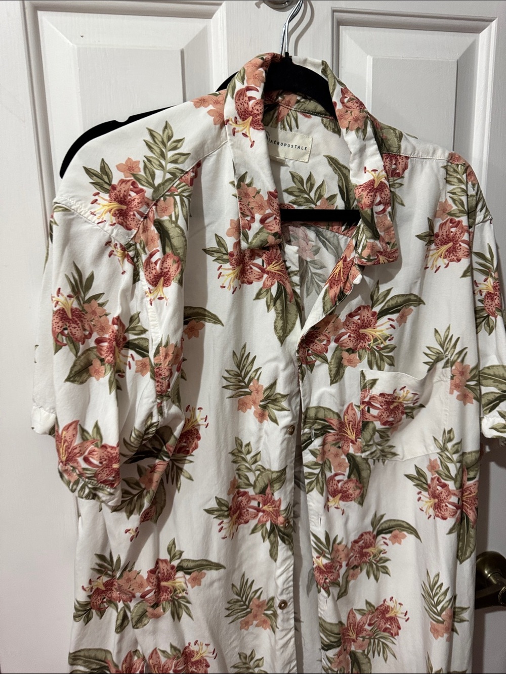 Floral Button-Up Tropical Shirt in Cream with Coral & Olive Green Print